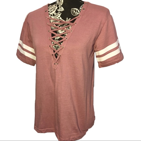 Pink Varsity Stripe sleeve Front Lacing Shirt - Picture 1 of 4